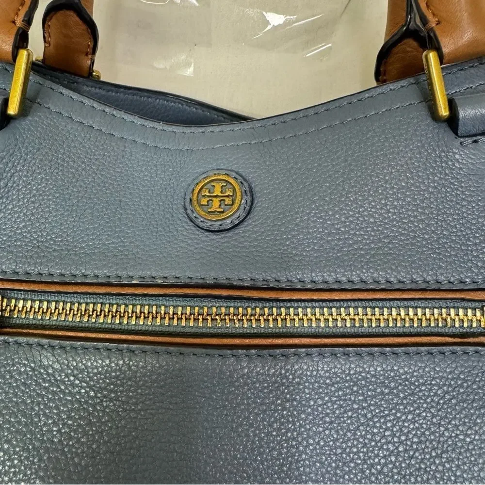 Tory Burch Frances Leather Satchel Tote in Comet Blue w/ White and Brown Trim